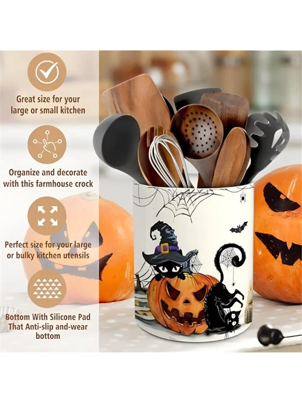 Halloween Kitchen Decor, Ceramic Halloween Cat Utensil Holder